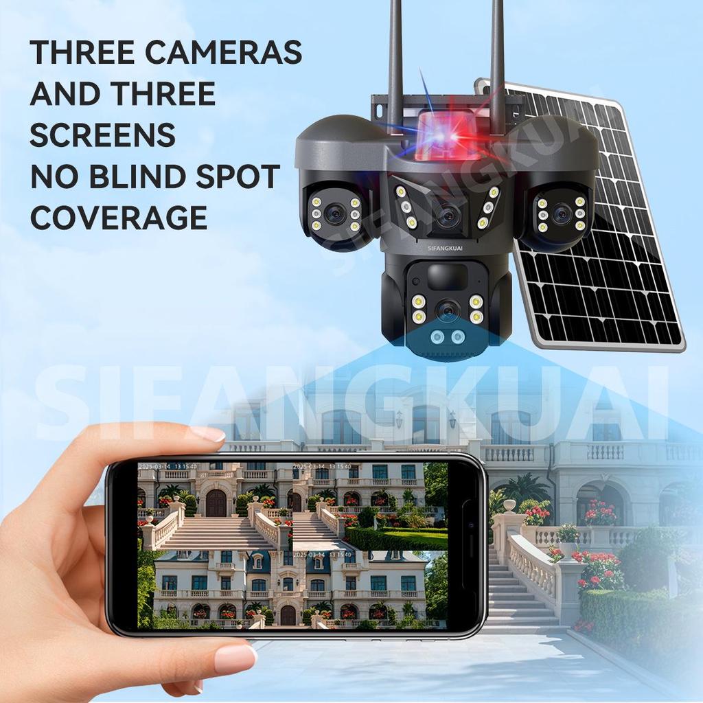 V380 Solar-Powered 4G Three-Lens Security Camera with Mobile Remote Monitor