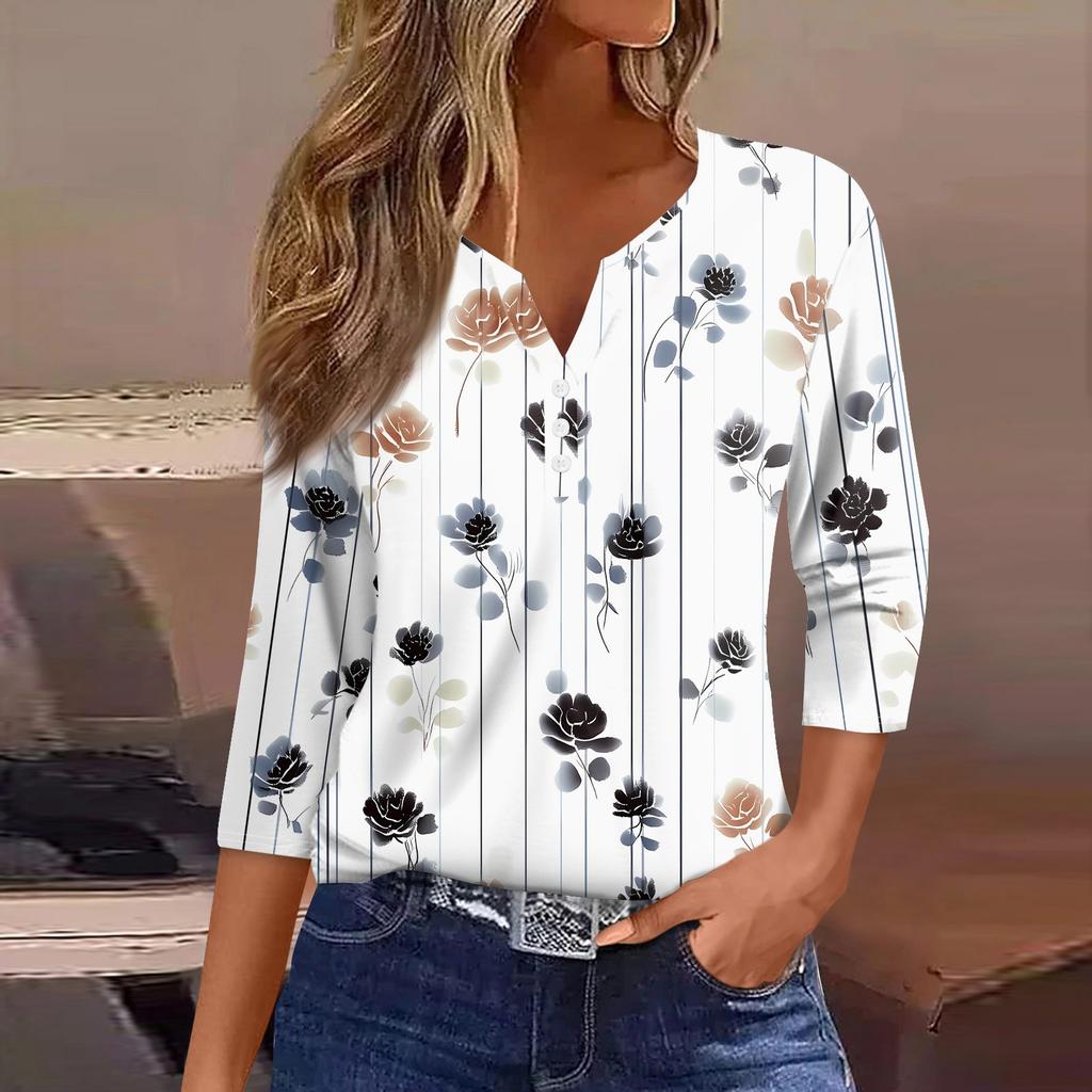 Жен. Футболка С принтом Пуговицы Рукав 3/4 Повседневные Выходные Мода Классический Классический V-образный вырез Обычный Верх