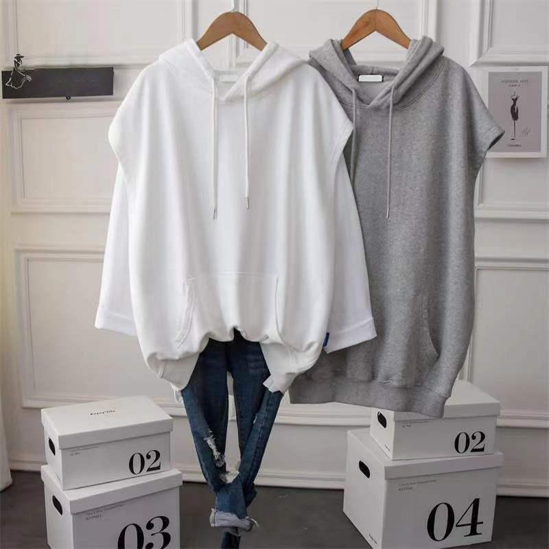 Plus Size Women's Hooded Sweatshirt Casual Loose Solid Color Top Mid-length Sleeveless Coat Vest