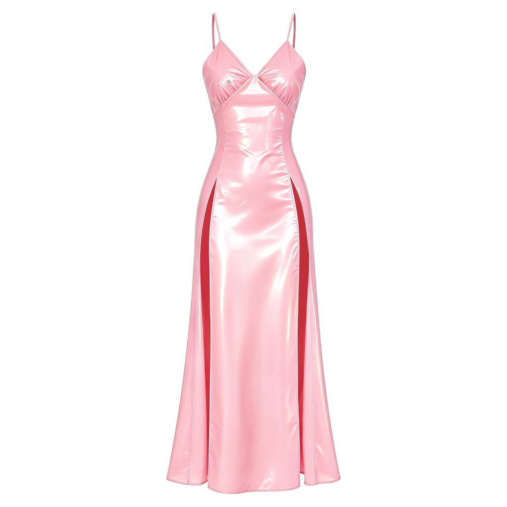 Women‘s Waterproof Glossy Vinyl Sling Nightdress V Neck Spaghetti Strap High Waist Split Hem Sleepwear Clubwear for Rave Festival Party
