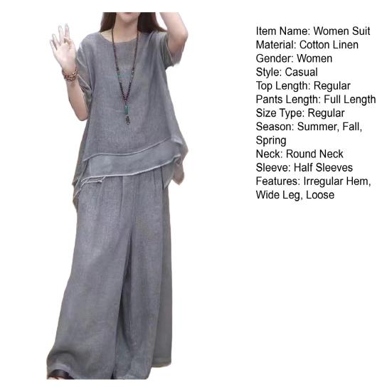 2 Pcs/Set Women Top Pants Set Round Neck Half Sleeves Irregular Hem Blouse Wide Leg Elastic Waist Wide Leg Trousers Daily Leisure Dating Outfit