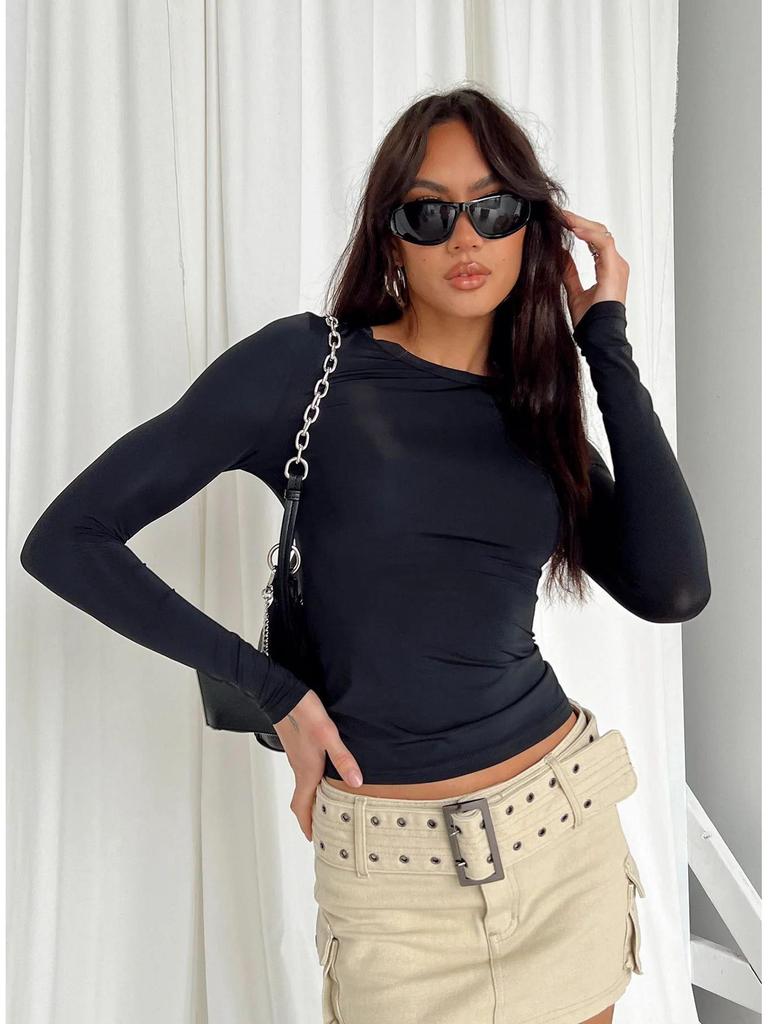 2023 Женская футболка с длинным рукавом, приталенная, нестандартная, однотонная, с круглым вырезом