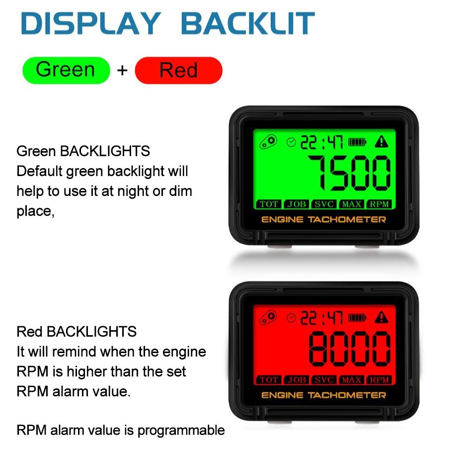 Тахометр Счетчик моточасов Цифровой Мотоцикл ATV Газонокосилка Датчик двигателя ЖК-дисплей SVC Индуктивный сигнал RPM Часы Подсветка Водонепроницаемый