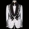 Роскошный белый пиджак с черным воротником для мужчин с аппликациями из кристаллов с 2 вентиляционными отверстиями, индивидуальный пиджак для жениха, мужские куртки для официальной вечеринки