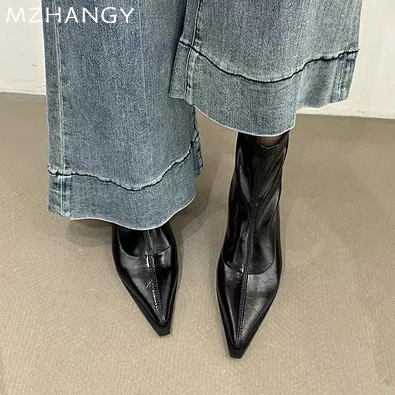 Женские кожаные ботильоны с острым носком, элегантные туфли на среднем каблуке, женская мода 2025 года, зимние туфли-лодочки, ботинки челси, женские ботинки