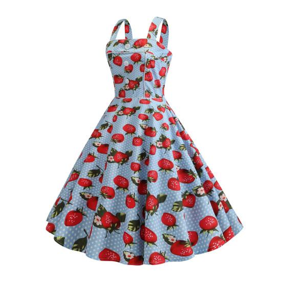 Women Prom Dress Strawberry Print A-line Big Swing Vintage Button Decor Sleeveless Back Zipper High Waist Backless Square Neck Cocktail Midi Dress