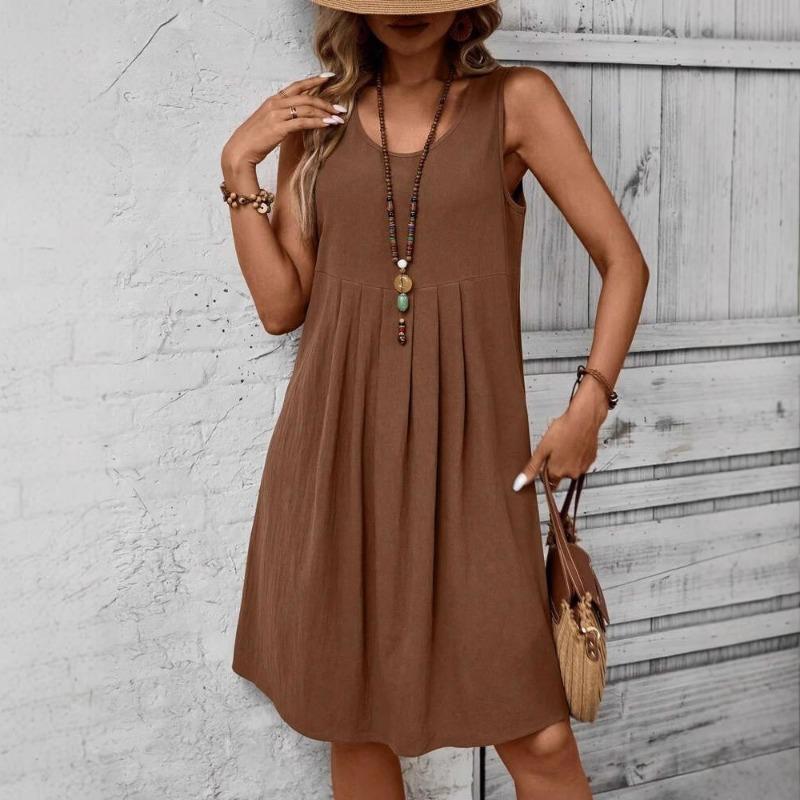 Spring Sleeveless Round Neck Casual Dress Women Summer Solid Fashion Cotton and Linen Loose Women's Dresses Elegant A Line Slim Vintage Dress 26471