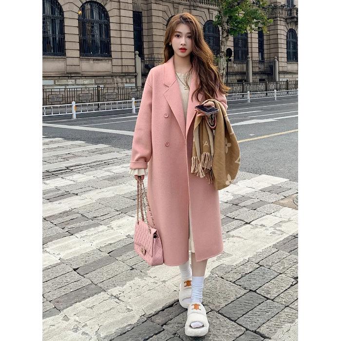 Women's Pink Double-Faced Cashmere Mid-Length Hepburn-Style Coat - 2025 Autumn/Winter Korean Fashion
