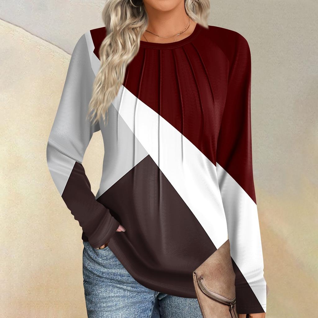 Женская мода повседневная полосатая, цветная пэчворк с длинным рукавом и круглым вырезом