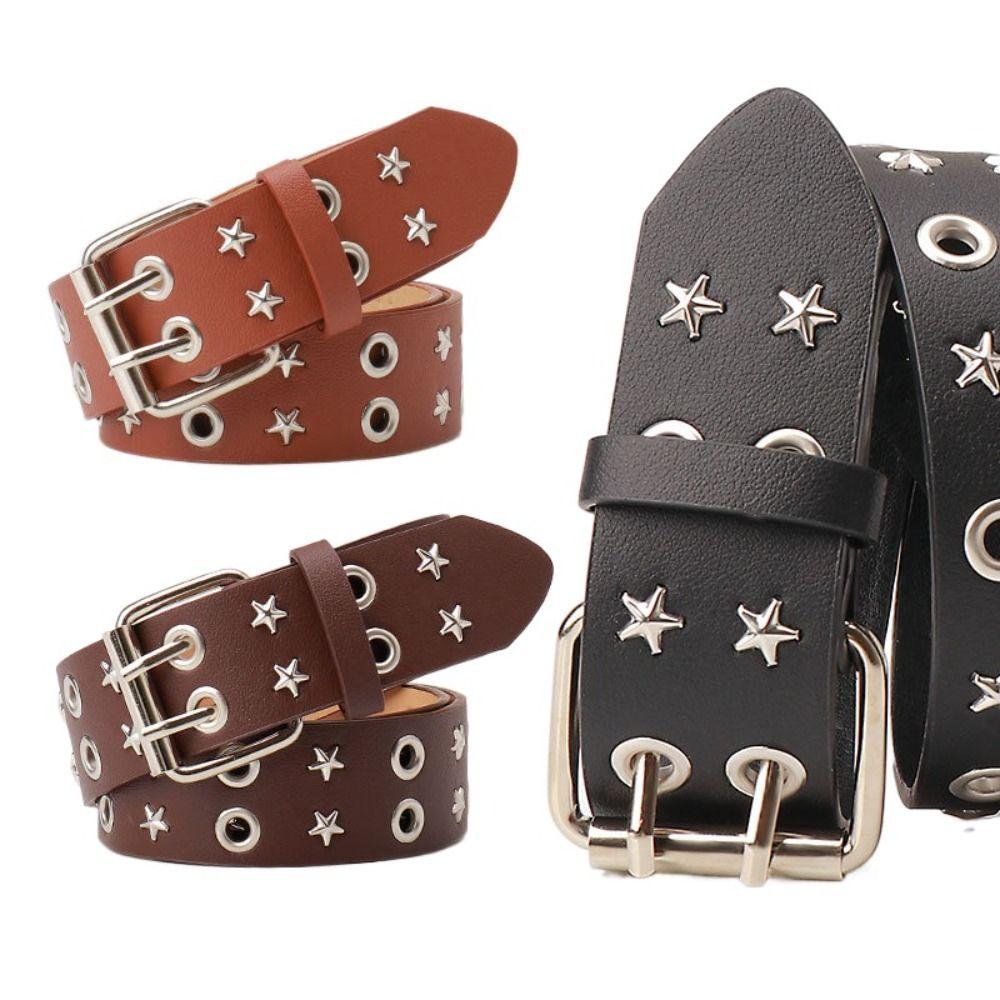 Pentagram Star Waist Belt Belt Double Row Hole Rivet Waist Belt PU Leather Waistbands Daily