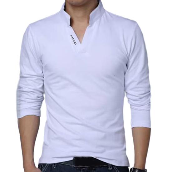 Мужская весна-осень футболка с воротником-стойкой, v-образным вырезом и длинными рукавами, мягкий приталенный однотонный мягкий дышащий мужской топ средней длины в деловом стиле