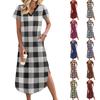 Женские повседневные удобные платья с V-образным вырезом, свободным подолом, разрезом, коротким рукавом, клетчатые длинные платья для отпуска