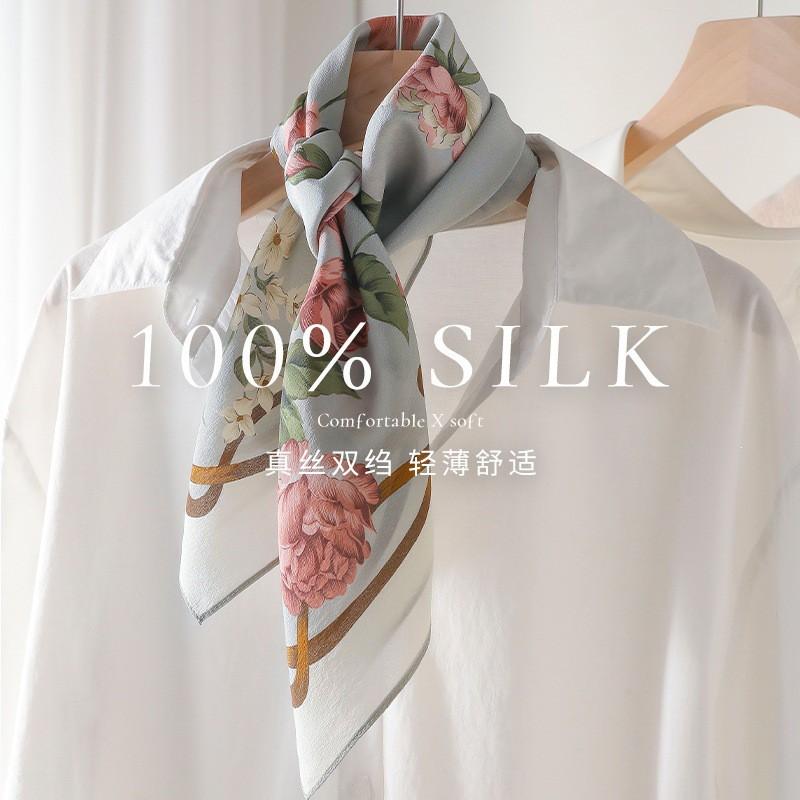 Literary Flower All-matching Mulberry Silk Crepe De Chine Scarf Sunscreen Fashion Square Towel