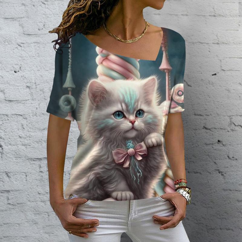 Женская футболка Kawaii Cat Print 3D футболка Топ для девочек Y2k Одежда Летние футболки с короткими рукавами с v-образным вырезом Повседневная праздничная женская футболка