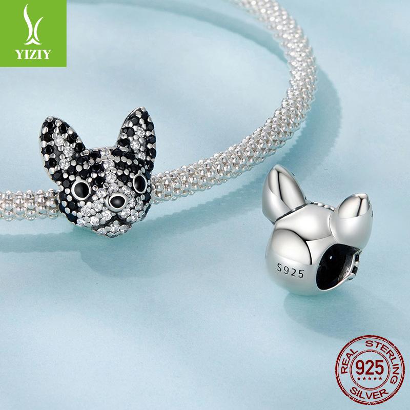 S925 Sterling Silver Boston Dog Beaded Accessories, Exquisite Three-Dimensional Black And White Zircon Beads Loose Beads