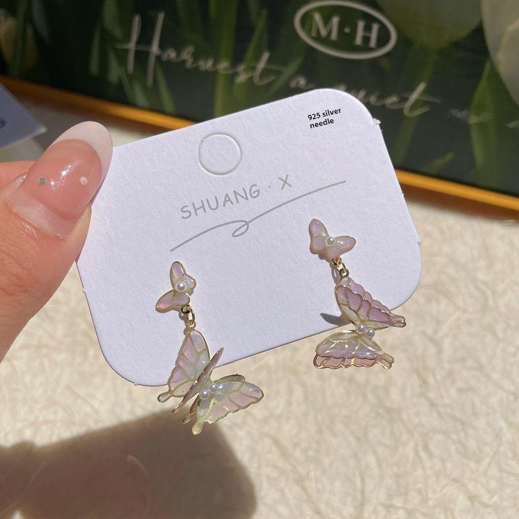 Серьги-бабочки с фиолетовым градиентом: Элегантные серебряные серьги-иглы для женщин со свежим, милым и сказочным очарованием