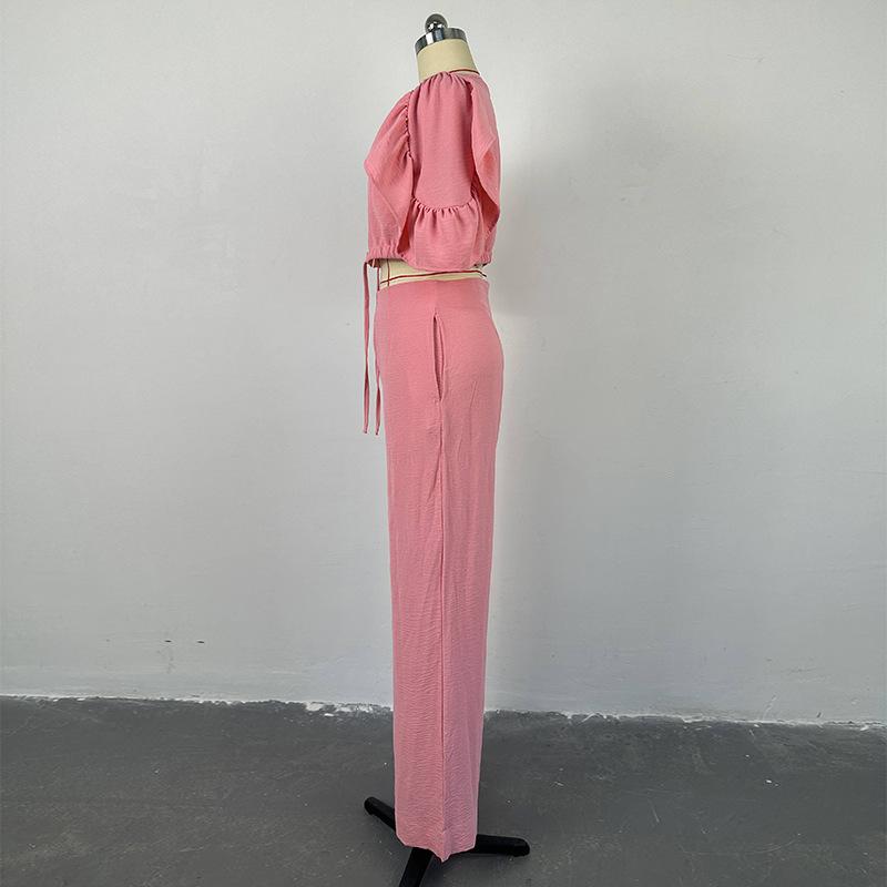 Женский летний повседневный костюм с v-образным вырезом, расклешенными рукавами и шнуровкой, широкие брюки, брюки