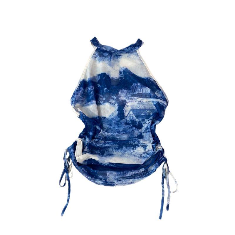 Chinese Style Ink Painting Print Halter Spaghetti Straps Vest Women's Outerwear Western Style Slim Fit Slimming and Short Drawstring Top Summer