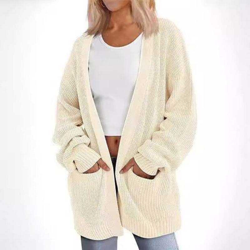 Autumn Winter Loose Casual Cardigan Pocket Sweater Ladies Solid Color Knitting All-match Outwear Female Top