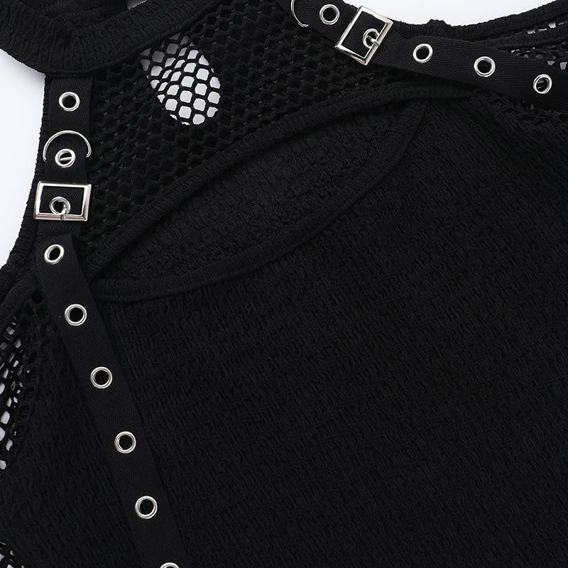 AltGoth Mall Gothic Sexy T-shirt Women Streetwear Harajuku Y2k E-girl Mesh Patchwork Hollow Out Long Sleeve Halter Crop Tee Tops