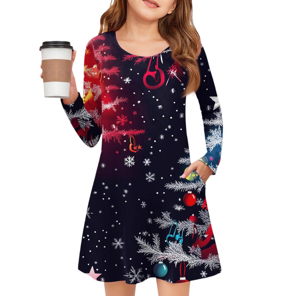 Christmas Day Girls' Long Sleeve Dress - Color Pocket Dress