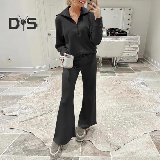 2 Pcs/Set Fall Winter Coat Trouser Suit Lapel Solid Color Thick Loose Solid Color Zipper Decor Long Sleeve Wide Leg Drawstring Elastic Waist Lady