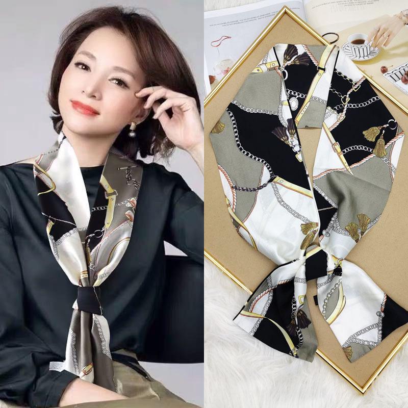 Luxury Design Women Summer Long Silk Scarf Hair Headband Foulard Skinny Bag Scarves Neckerchief Lady Shirt Decorative Streamers