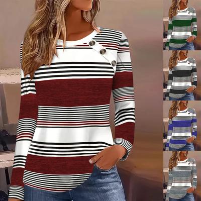 Осенняя свободная полосатая футболка большого размера с длинным рукавом и круглым вырезом для женщин