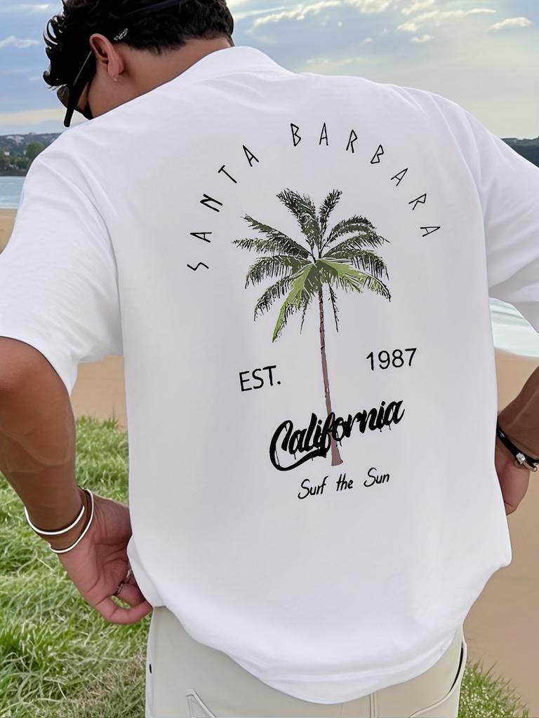 New Mens Vacation Coconut Tree Letter Printed Comfortable Breathable Round Neck Tshirt Summer Outdoor Casual Top