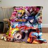 Dynamic anime scene featuring vibrant characters with fiery and glowing effects. for all seasons blanket lunch break throw gift