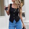 Women's Vest Summer Solid Color Sleeveless U-neck Fake Button Casual Vest