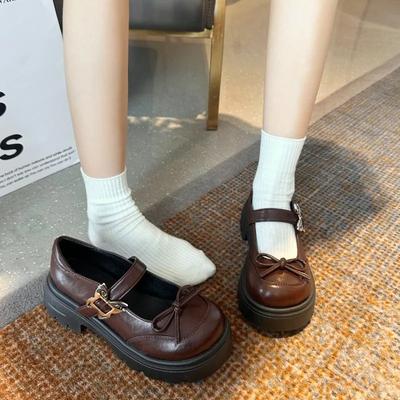 Туфли Женские Мэри Джейн Женские Туфли-лодочки на Высоком Каблуке и Платформе Женские Туфли с Бантом и Круглым Носком на Среднем Каблуке с Ремешком и Пряжкой Женские