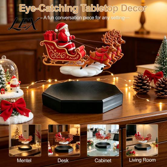Holiday Home Office Decor Floating Santa Sleigh, Magnetic Levitation Flying Sleigh Ornament, Christmas Desk Ornament Display for Home, Office, Shelf &