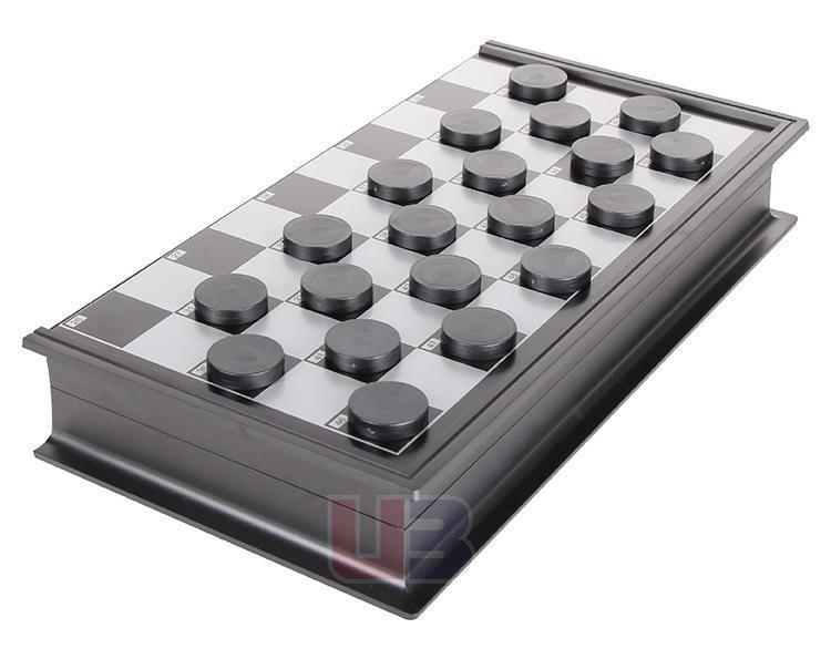 Magnetic Folding International Checkers & Chessboard: 100 Squares, Black & White, 64-Piece Set.