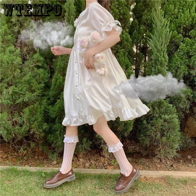 WTEMPO Белое кавайное платье Лолиты для девочек, мягкое платье принцессы с воротником «Питер Пэн», милое праздничное платье в японском стиле с пышными рукавами