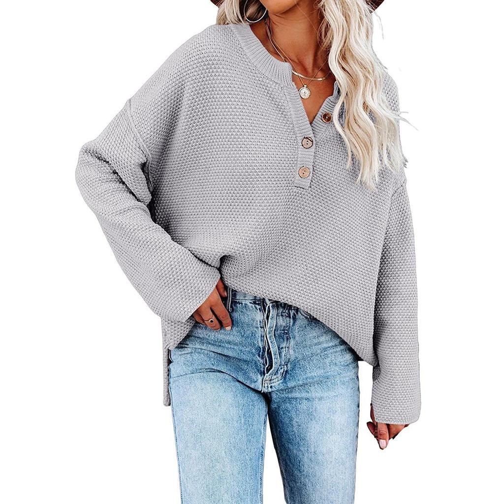 Женская мода, повседневный однотонный свободный вязаный пуловер с круглым вырезом и пуговицами, топ
