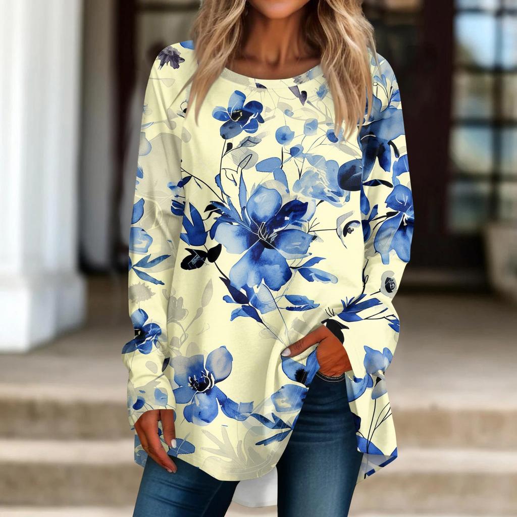 Women's Casual  Plus Size Long Sleeved Round Neck Printed T-shirt Top Pullover