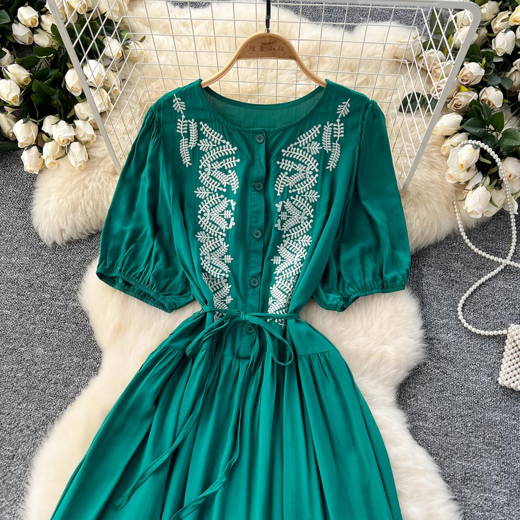Винтажное платье с круглым вырезом для женщин с рукавами-фонариками, вышитыми шнуровкой, платья А-силуэта, однотонные лоскутные пуговицы, летнее платье