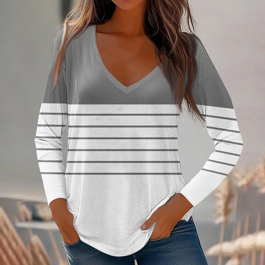 Womens Long Sleeve Tops V Neck Shirts Casual Stripe Print Basic Trendy Tee Blouses Fall Tunic Outfits Fitted T Shirts