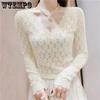 V-Neck Lace Bottoming Shirts Women's Short Shirt Tulle Lining Long Sleeve Sexy Low Neck Mesh Top