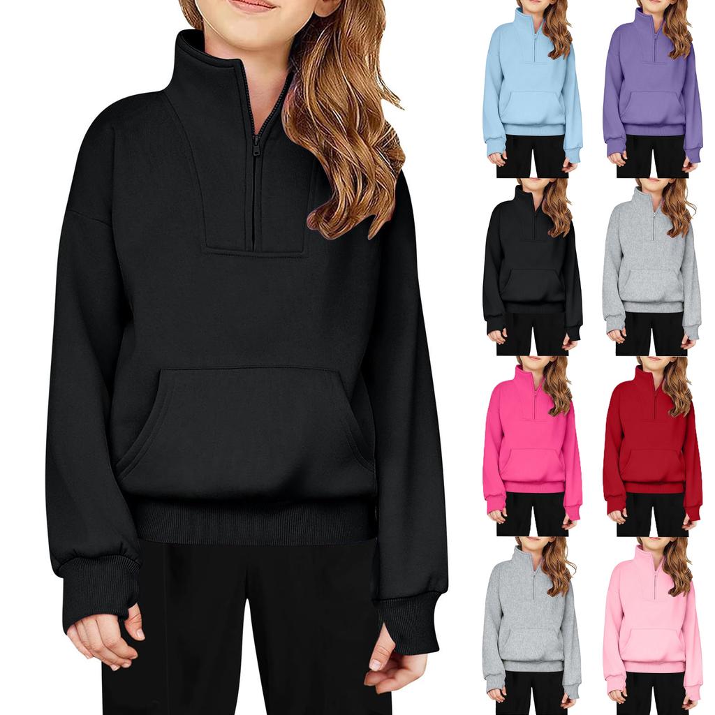 Children's Half-Zip Fleece Pullover Sweatshirt For Girls - Solid Color Hoodie