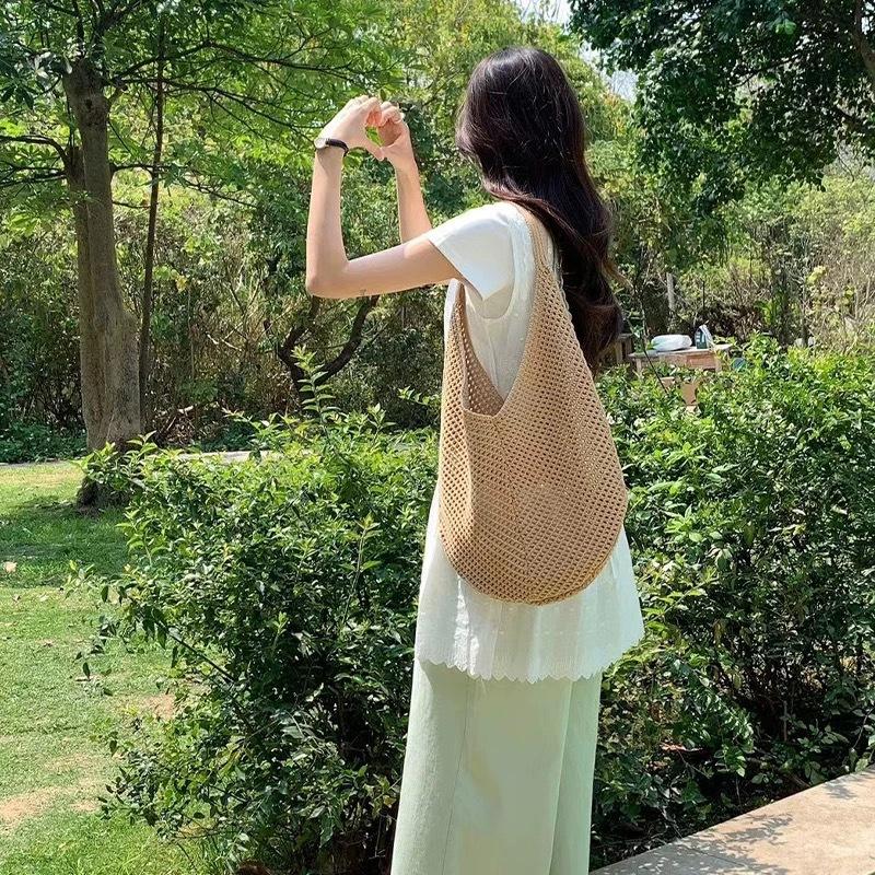 Новая плетенная сумка-тоут в стиле инстаграм с сетчатым узором, простая, в отпускном стиле, из шерсти, на плечо, для покупок, модная, портативная