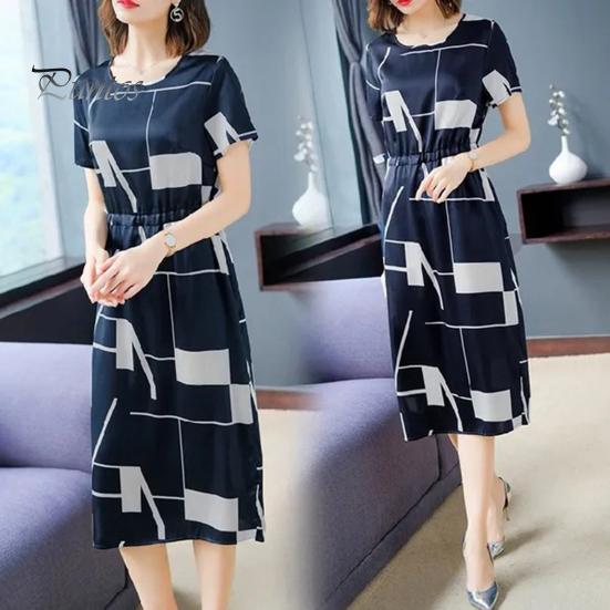 Женское повседневное платье с круглым вырезом и узкой талией с цветным принтом, облегающее платье длиной до колена с короткими рукавами, деловое платье для покупок, свиданий, платье миди