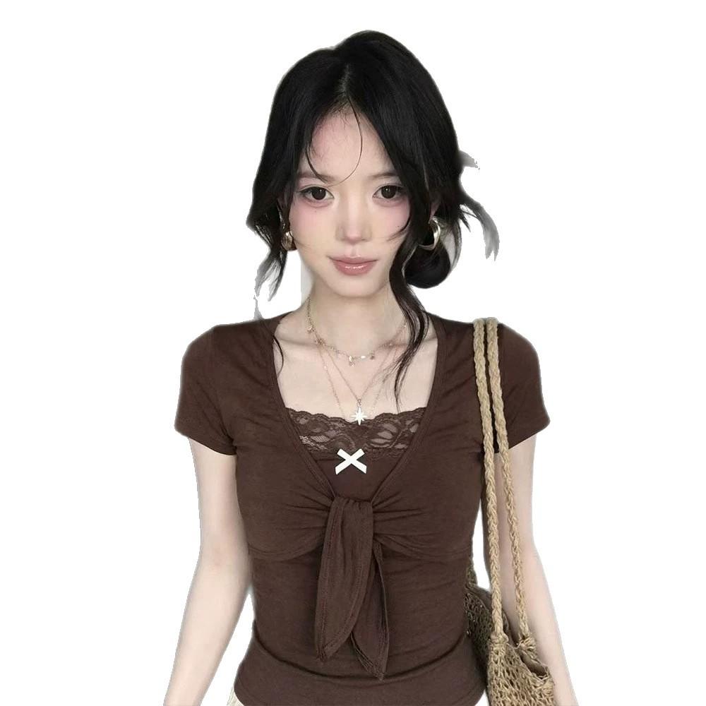 Pure desire style sexy babes lace short-sleeved T-shirt women's summer new American retro strap short top