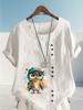 Women's Fashion Cool Owl Print Round Neck Short Sleeve T-shirt Casual Cotton Linen Graphic Shirt Leisure Loose Summer Blouse Tops
