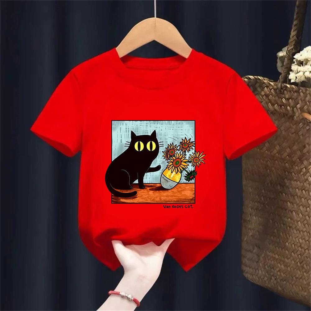 Van Gogh Cat Graphic T Shirts Boysgirls Flower Black Cat Tshirt Round Neck Short Sleeve Trendy Tee Kawaii Kids Clothing