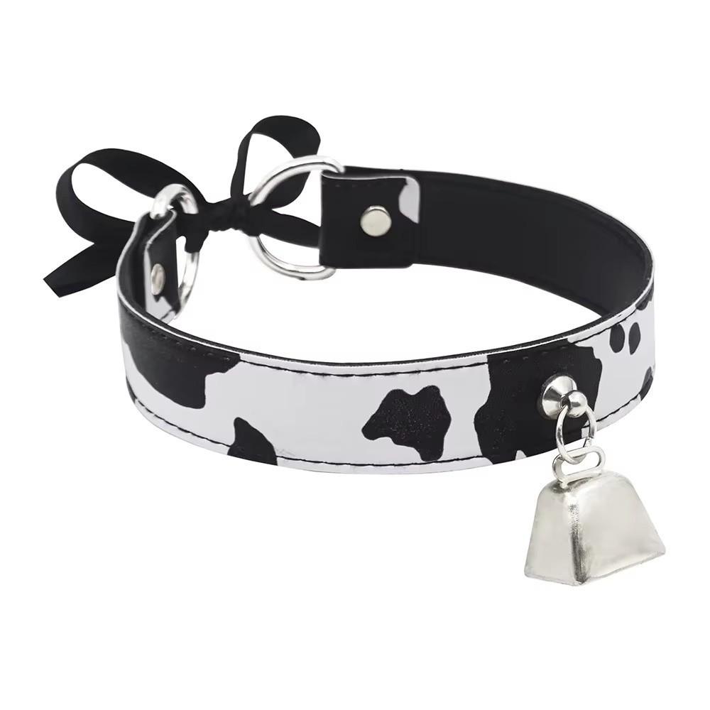 Fashion Leather Choker Cow Print Adjustable Bell Collar Bow Necklaces