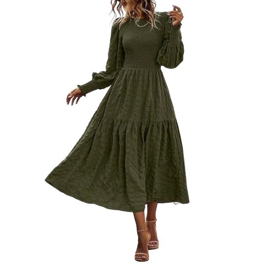 Осенне-весеннее женское платье с длинными рукавами-фонариками, трапециевидной формы, с круглым вырезом, однотонное плиссированное платье в стиле бохо, миди, платье для вечеринок и свиданий