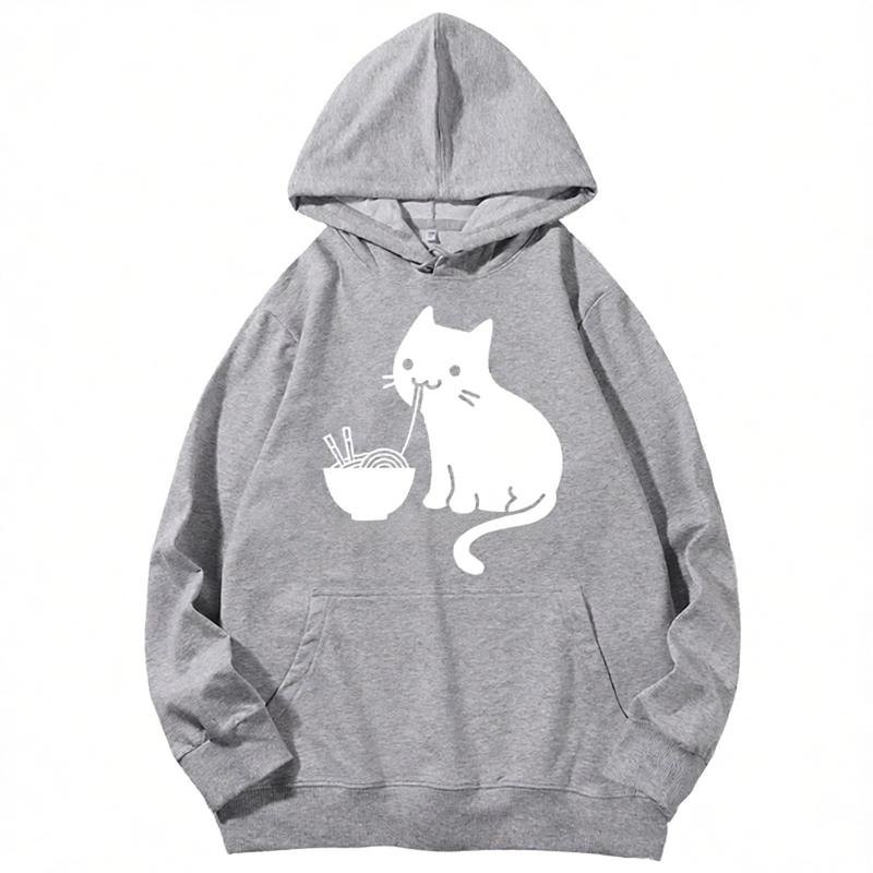 Cute Cat Eat Ramen Fashion Print Graphic Women Sweatshirt Sport Style Korean Long Sleeve Pullover with Pocket Women Daily Hoodie