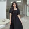 HOUZHOU Black Short Sleeve Dress Women Sweet Kawaii Summer High Waist Korean Elegant Square Collar Midi Dress